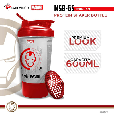 MSB-6S Iron Man Marvel Edition Shaker Bottle 600ml | 100% Leakproof Guarantee Sipper Bottle Ideal for Protein | Pre-Workout and BCAAS | BPA Free Material | Plastic (Clear)