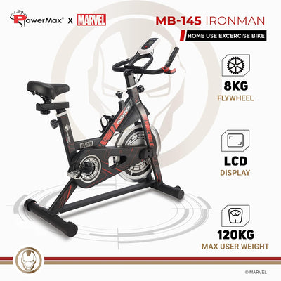xMarvel Mb-145 Iron Man Edition Exercise Spin Bike With 8Kg Flywheel | Ipad & Bottle Holder | Hdr Foam Grip Handle & Heart Rate Sensors For Home Workout (Red)
