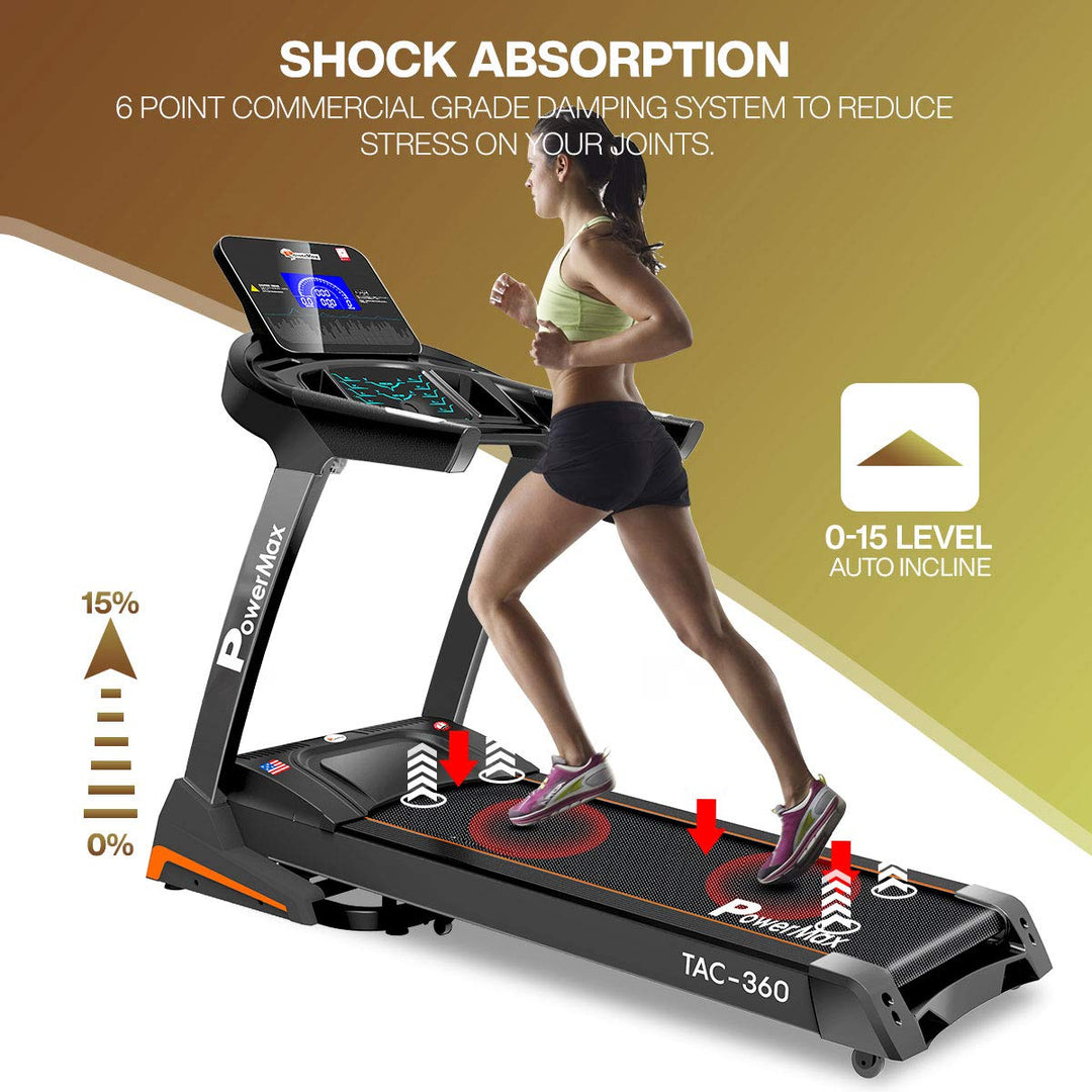 TAC-360 (6HP Peak ) Premiun AC Motorized Treadmill for Home Use |12 Pre-Set Max Pro Workout Session?Max User Wt.140kg |15 Level Auto Incline | Top Speed:18 Km/hr | Spring Resistance?