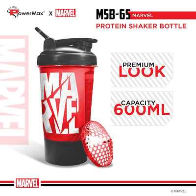 MSB-6S Marvel Edition Shaker Bottle 600ml | 100% Leakproof Guarantee Sipper Bottle Ideal for Protein | Pre-Workout and BCAAS | BPA Free Material | Plastic