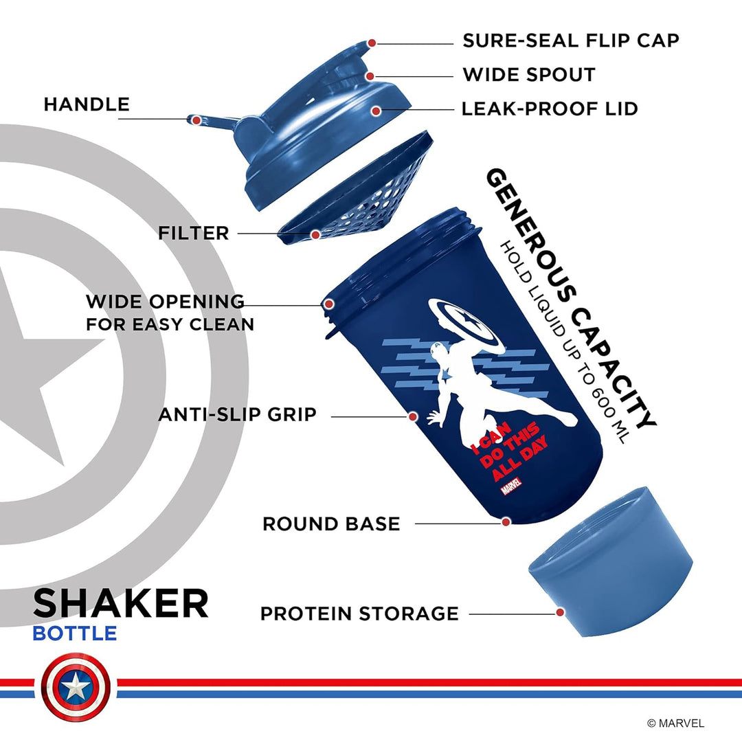 MSB-6S Captain America Marvel Edition Shaker Bottle 600ml | 100% Leakproof Guarantee Sipper Bottle Ideal for Protein | Pre-Workout & BCAAS | BPA Free | Plastic (Blue | Pack of 1)