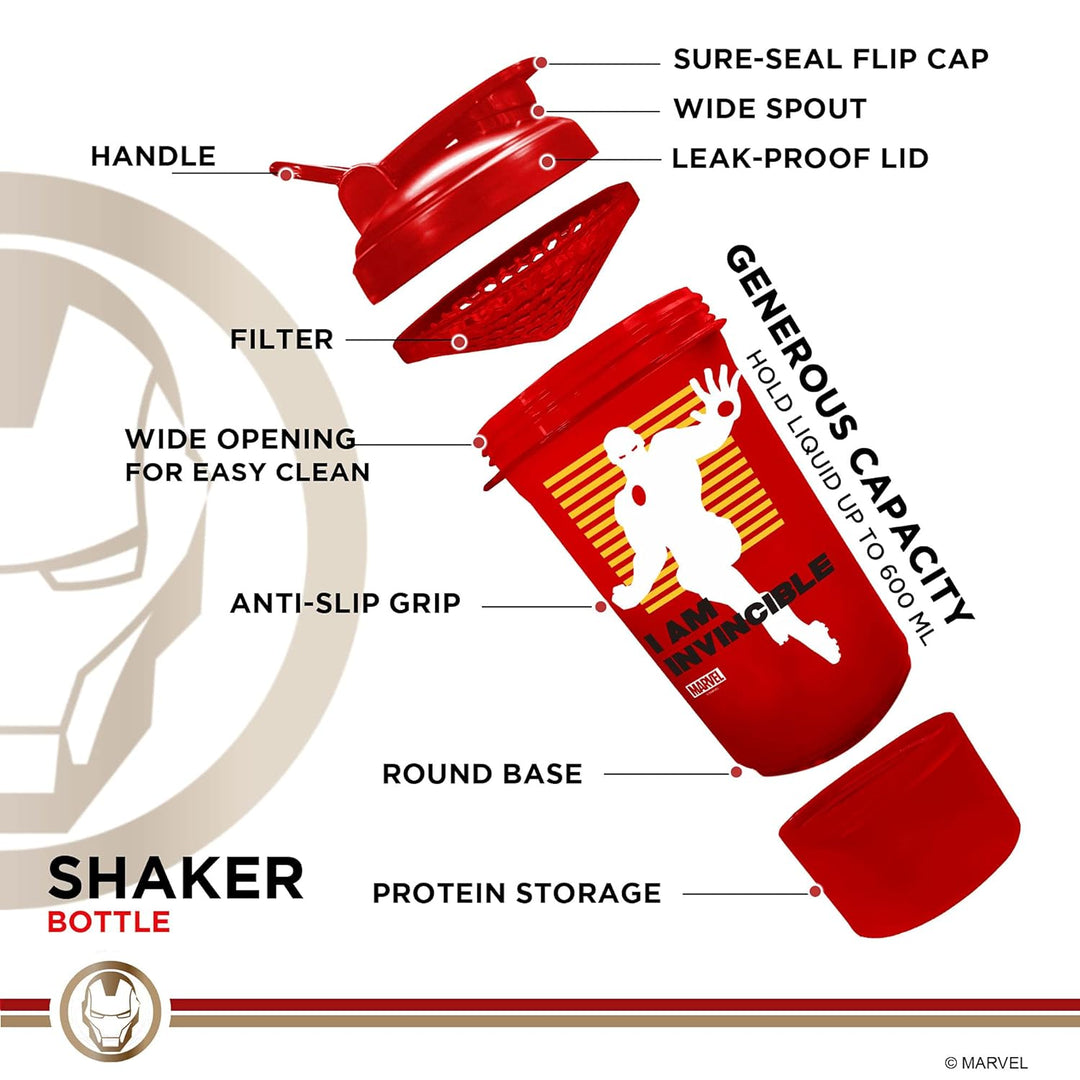 MSB-6S Iron Man Marvel Edition Shaker Bottle 600ml | 100% Leakproof Guarantee Sipper Bottle Ideal for Protein | Pre-Workout & BCAAS | BPA Free | Plastic (Red | Pack of 1)