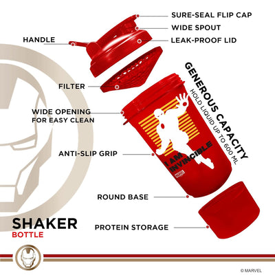 MSB-6S Iron Man Marvel Edition Shaker Bottle 600ml | 100% Leakproof Guarantee Sipper Bottle Ideal for Protein | Pre-Workout & BCAAS | BPA Free | Plastic (Red | Pack of 1)