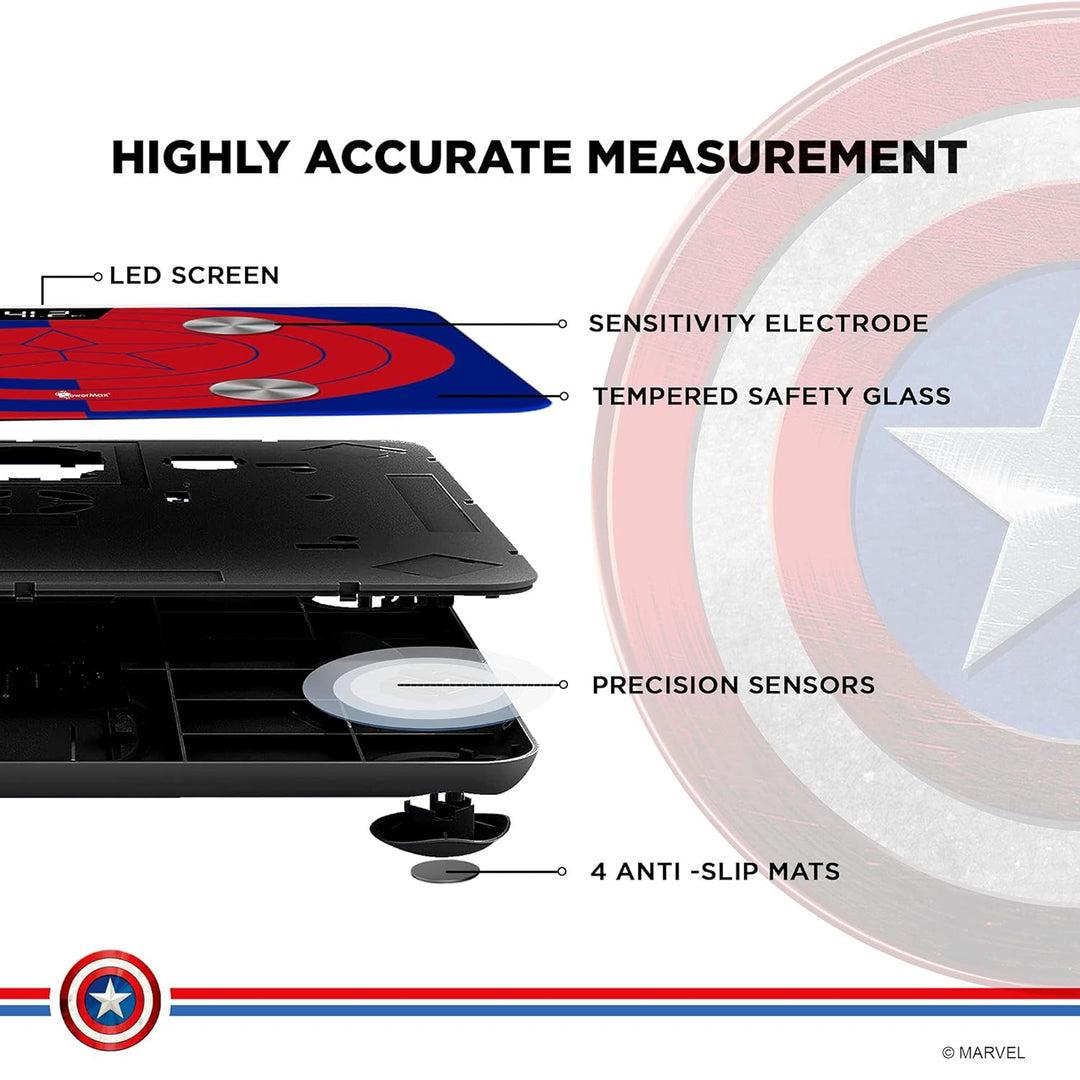 BCA-130 Marvel Edition Blue Captain America Digital Weight Machine for Human Body - High Accuracy Bathroom Weighing Scale with Step-on Technology & Super Durable 6mm Tempered Glass