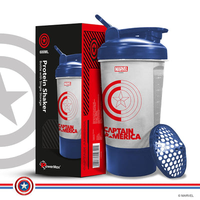 MSB-6S Captain America Marvel Edition Shaker Bottle 600ml | 100% Leakproof Guarantee Sipper Bottle Ideal for Protein | Pre-Workout and BCAAS | BPA Free Material | Plastic (Clear)