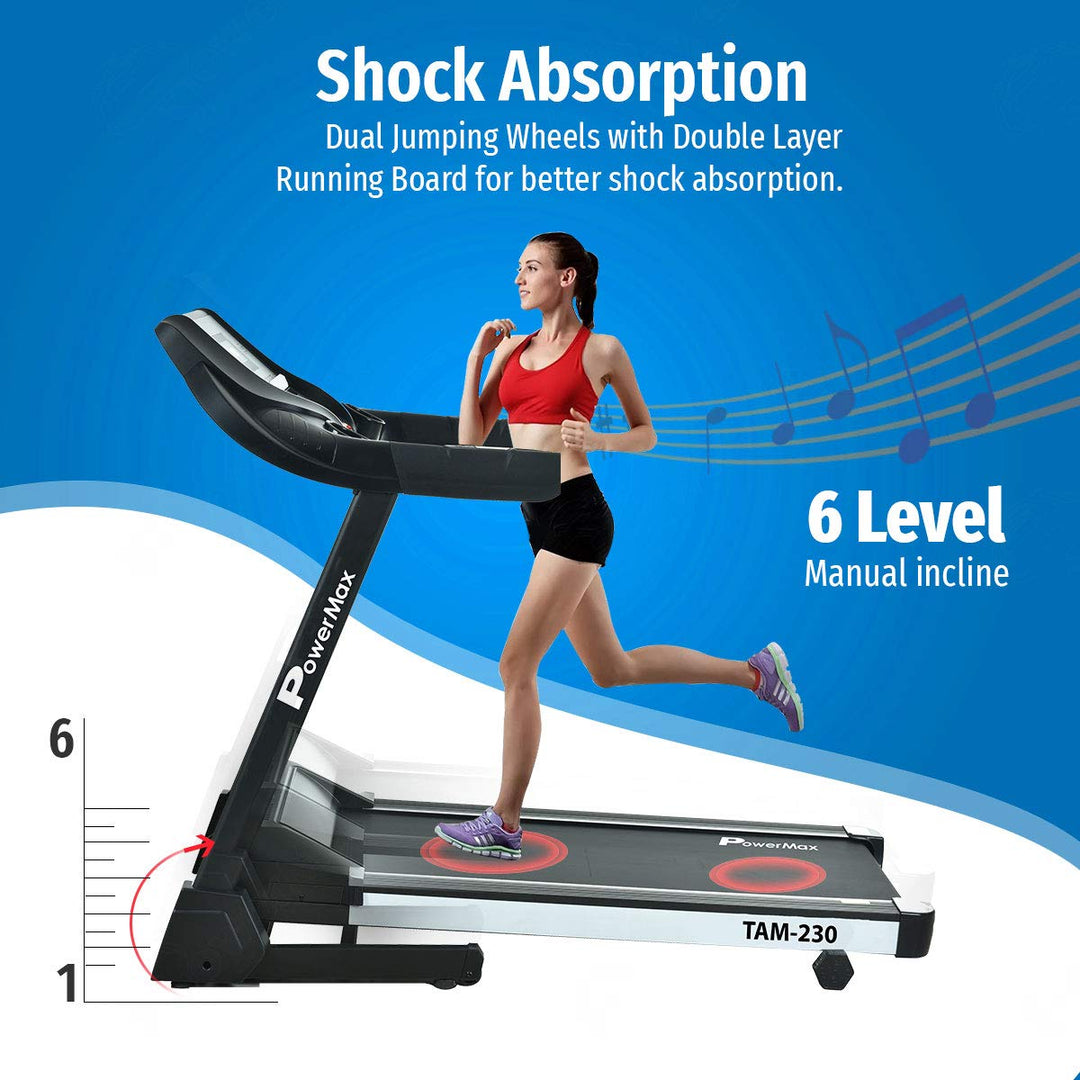 TAM-230 (4HP) Motorised Treadmill for Home [Speed:14.8kmph | Max User Weight:110kg | Foldable | 12 Workout Programs | MP3] Free Installation Assistance & Demo - 3 Year Motor Warranty