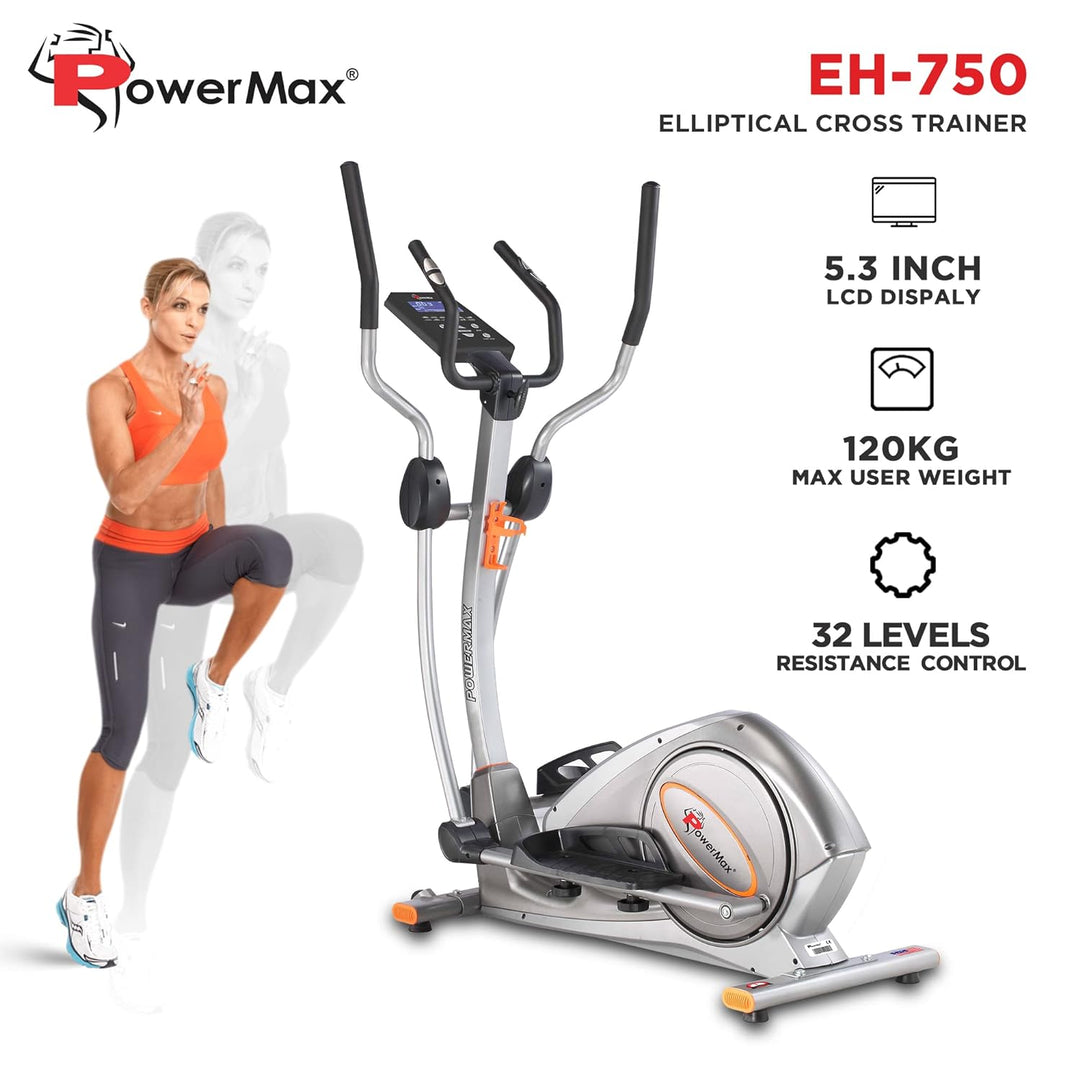 EH-750 Elliptical Cross Trainer Home Gym Workout Machine [Water Bottle Cage | LCD Display | Heart Rate Sensor | Anti Slip Pedal & 32 Level Resistance | Flywheel: 9KG] for Cardio Training