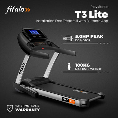 PlayT3 Lite (5HP Peak) Pre-Installed Motorized Treadmill for Home Use with 12 Pre-Set Workout | Max Speed 14/hr |Max User Weight 110 kg | Foldbable | Free Installation Assistance | 3 Year Warranty