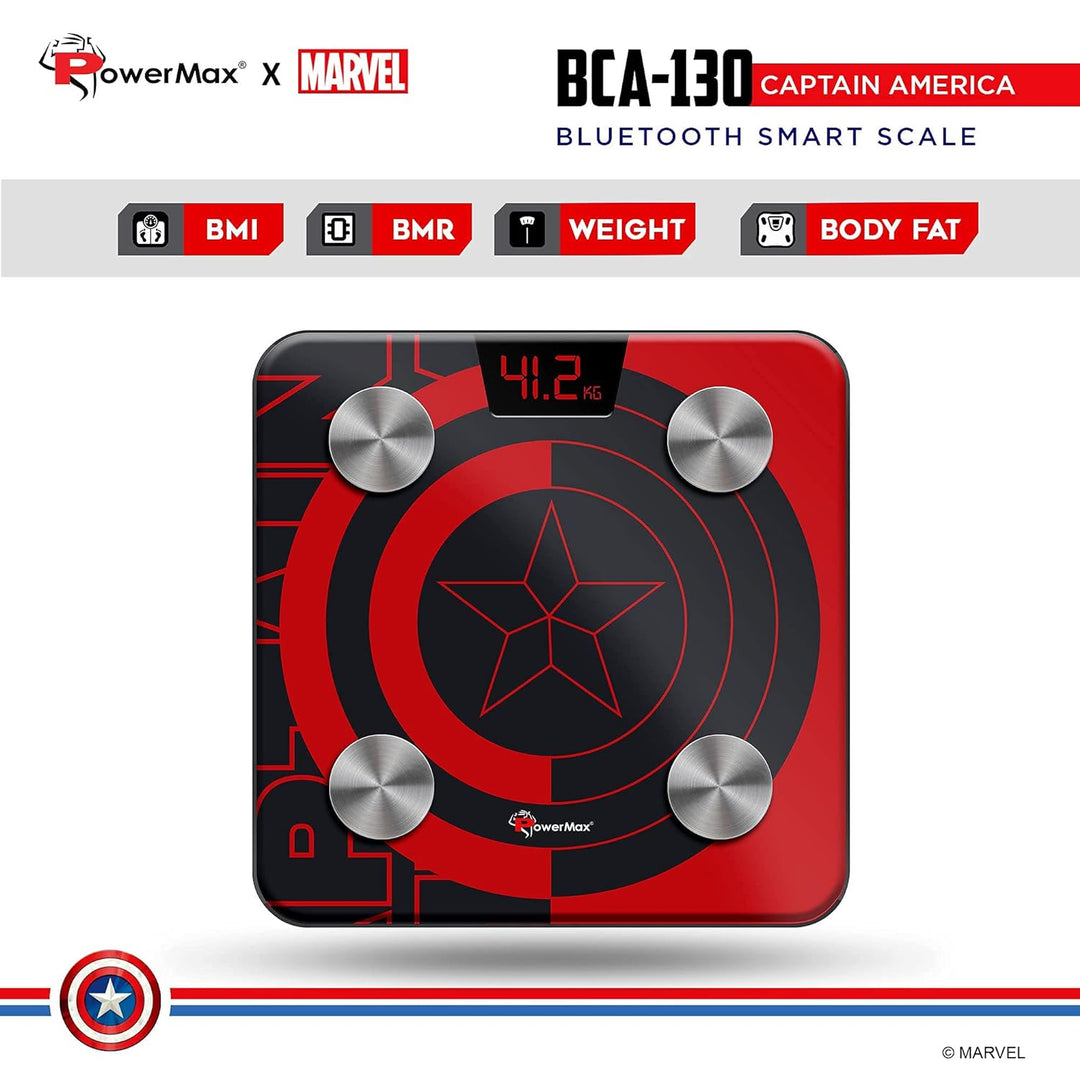 BCA-130 Marvel Edition Red Captain America Digital Weight Machine for Human Body - High Accuracy Bathroom Weighing Scale with Step-on Technology & Super Durable 6mm Tempered Glass
