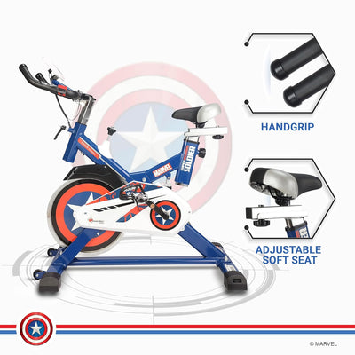MB-165 Captain America Edition Exercise Spin Bike With 13KG Flywheel | iPad & Bottle holder | Adjustable handle with Handgrips and Heart Rate Sensors For Home Workout | blue