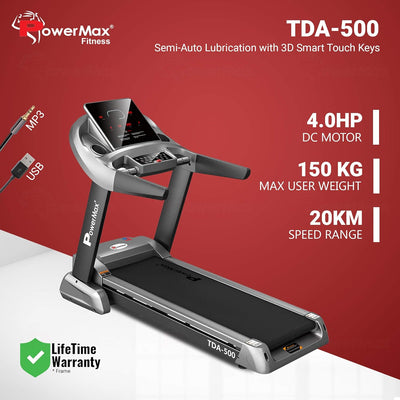 TDA-500 6HP Peak Motorized Treadmill Max User Weight 150kg Foldable with 15 Levels Auto Incline | 12 Preset Program | LCD Display & Semi-Auto Lubrication (Grey)