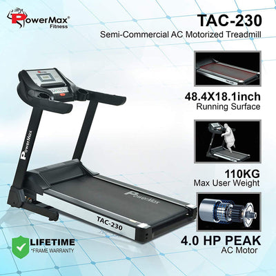 TAC-230 (4HP) Motorised Treadmill for Home [Speed:14.8kmph | Max User Weight:110kg | Foldable | 12 Workout Programs | MP3] Free Installation Assistance & Demo - 3 Year Motor Warranty