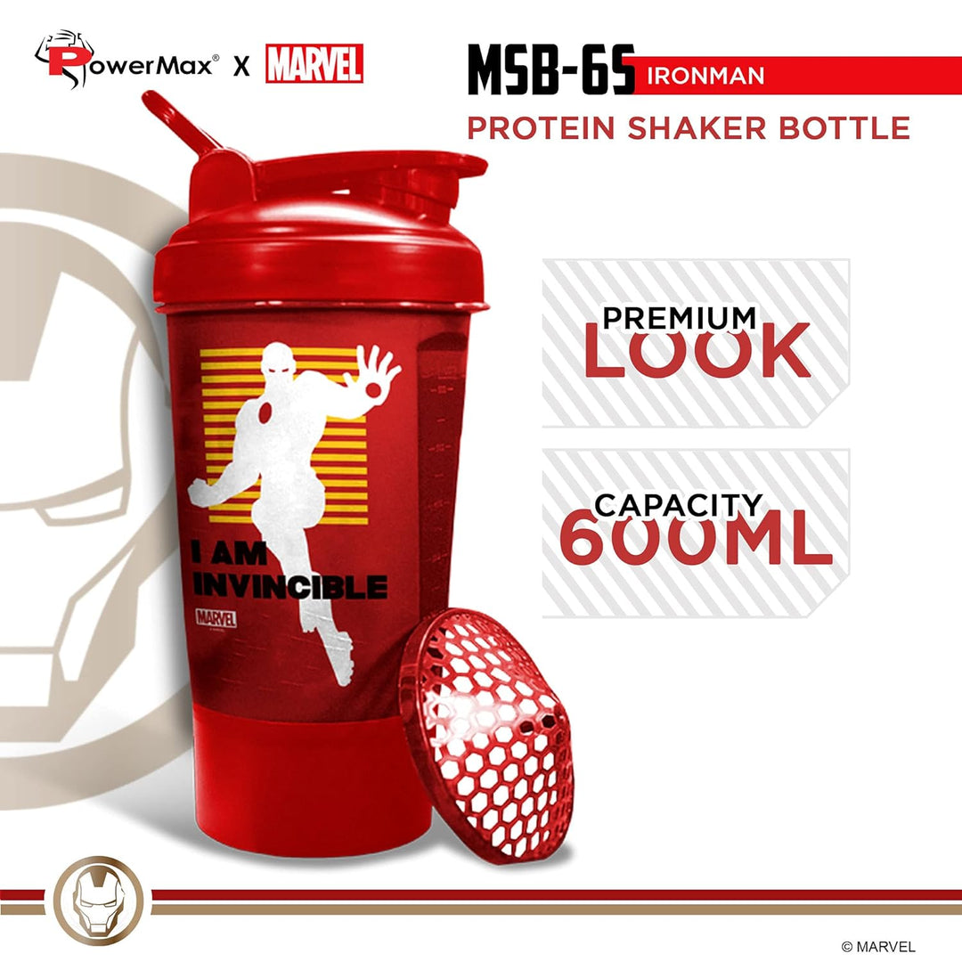 MSB-6S Iron Man Marvel Edition Shaker Bottle 600ml | 100% Leakproof Guarantee Sipper Bottle Ideal for Protein | Pre-Workout & BCAAS | BPA Free | Plastic (Red | Pack of 1)