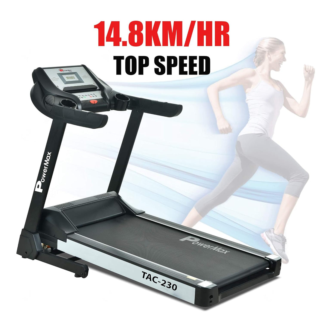 TAC-230 (4HP) Motorised Treadmill for Home [Speed:14.8kmph | Max User Weight:110kg | Foldable | 12 Workout Programs | MP3] Free Installation Assistance & Demo - 3 Year Motor Warranty