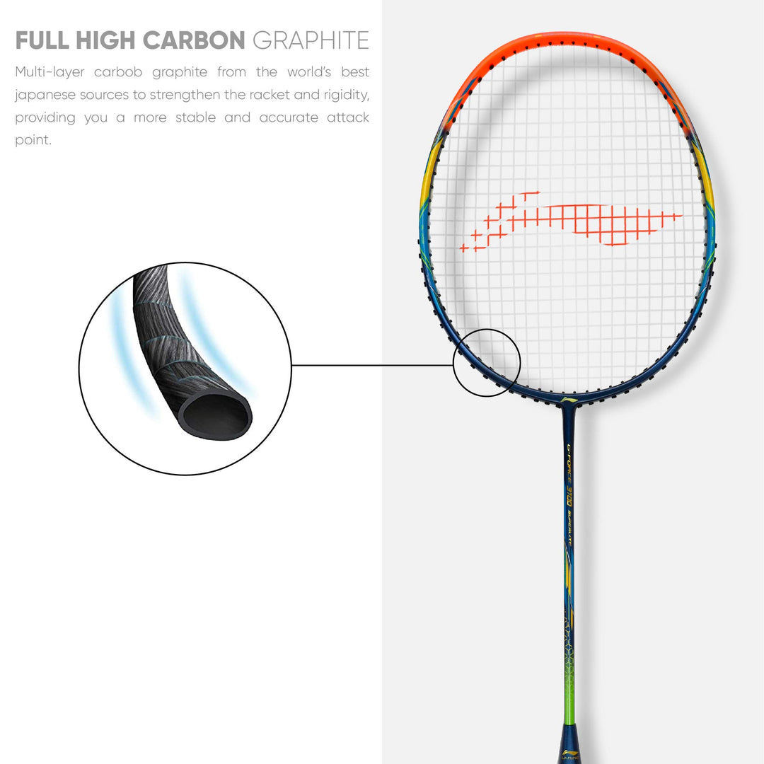 G-Force 3700 Superlite (Aypq088-5) Carbon Fiber Strung Badminton Racquet (Navy/Orange) with Free Full Cover | Set of 1