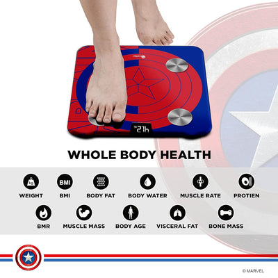 BCA-130 Marvel Edition Blue Captain America Digital Weight Machine for Human Body - High Accuracy Bathroom Weighing Scale with Step-on Technology & Super Durable 6mm Tempered Glass