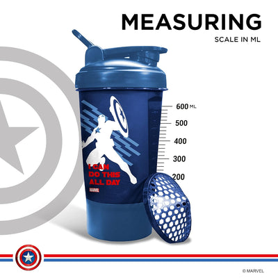 MSB-6S Captain America Marvel Edition Shaker Bottle 600ml | 100% Leakproof Guarantee Sipper Bottle Ideal for Protein | Pre-Workout & BCAAS | BPA Free | Plastic (Blue | Pack of 1)