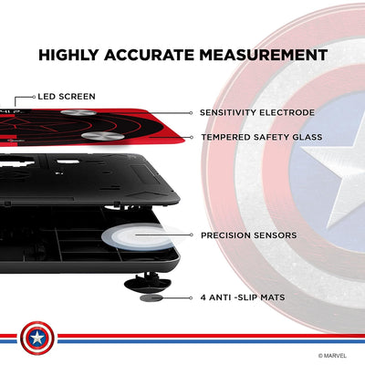 BCA-130 Marvel Edition Red Captain America Digital Weight Machine for Human Body - High Accuracy Bathroom Weighing Scale with Step-on Technology & Super Durable 6mm Tempered Glass