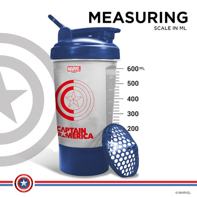 MSB-6S Captain America Marvel Edition Shaker Bottle 600ml | 100% Leakproof Guarantee Sipper Bottle Ideal for Protein | Pre-Workout and BCAAS | BPA Free Material | Plastic (Clear)