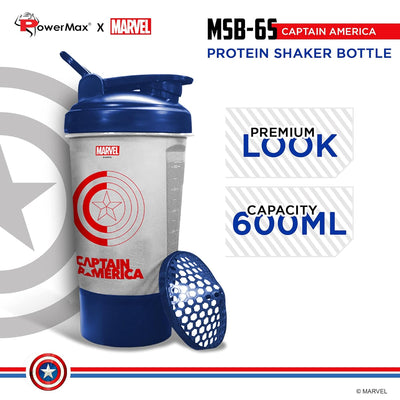 MSB-6S Captain America Marvel Edition Shaker Bottle 600ml | 100% Leakproof Guarantee Sipper Bottle Ideal for Protein | Pre-Workout and BCAAS | BPA Free Material | Plastic (Clear)