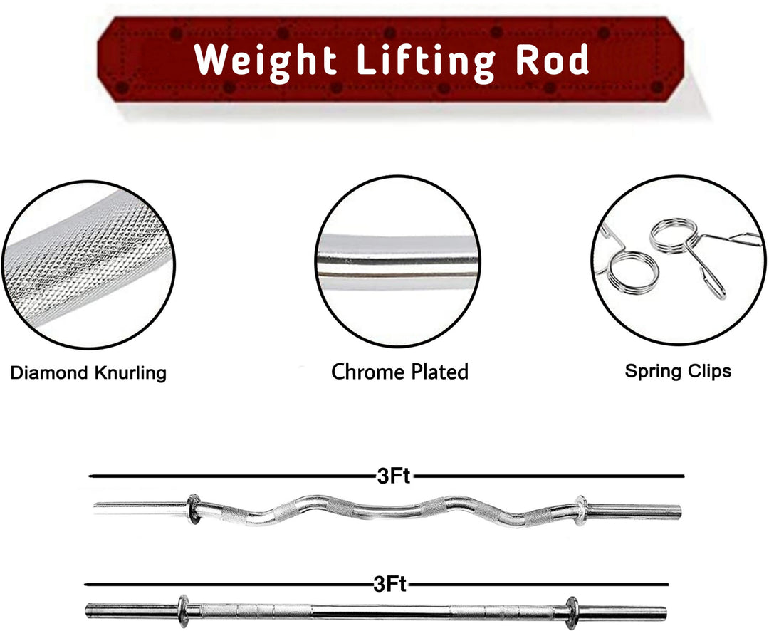 12kg Home Gym Equipment | 3ft Curl Rod | 3ft Straight + One Pair Dumbbell Rods | Weight Plates