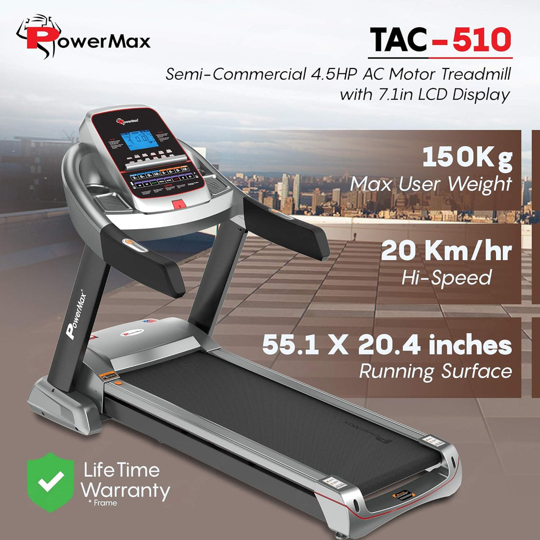 TAC-510 (9 HP Peak ) Premiun AC Motorized Treadmill for Home Use |12 Pre-Set Max Pro Workout Session?Max User Wt.150kg |15 Level Auto Incline | Top Speed:20 Km/hr | Spring Resistance?