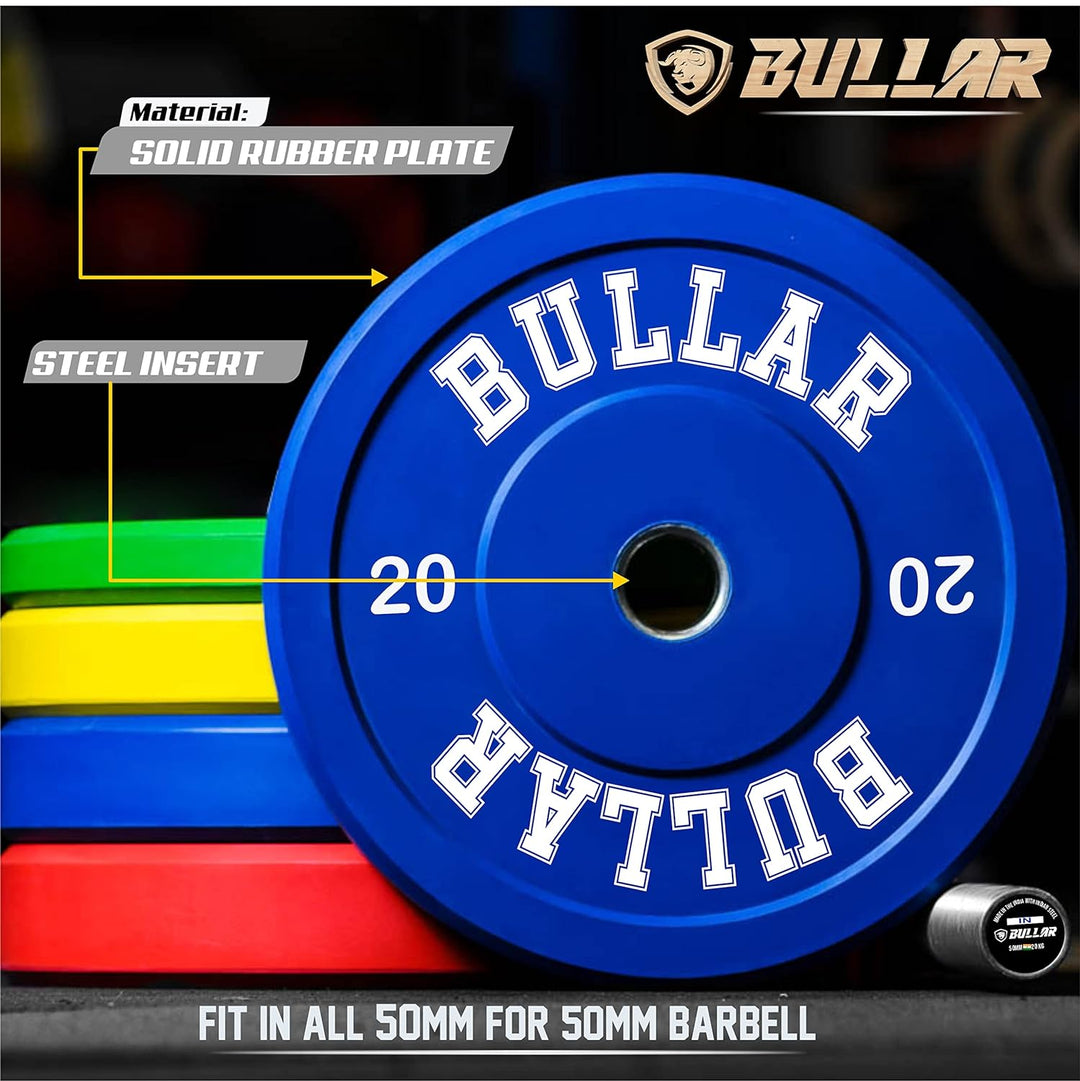 Bumper plates with olympic barbell (70 KG SET(20x2+10x2+5x2))