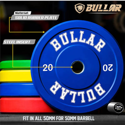 Bumper plates with olympic barbell (45 KG SET(10x2+5x2+7.5x2))