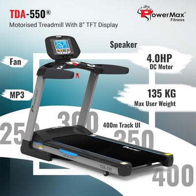 TDA-550 (6.0HP Peak) Motorized Treadmill with Bluetooth App for Android & iOS | Hi-Fi Speaker | Automatic Incline | Home Use & 400m Track UI