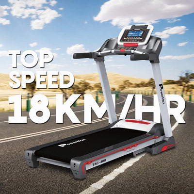 TAC-400 (8 HP Peak ) Premiun AC Motorized Treadmill for Home Use |18 Pre-Set Max Pro Workout Session?Max User Wt.120kg |18 Level Auto Incline | Top Speed:18 Km/hr | Spring Resistance?