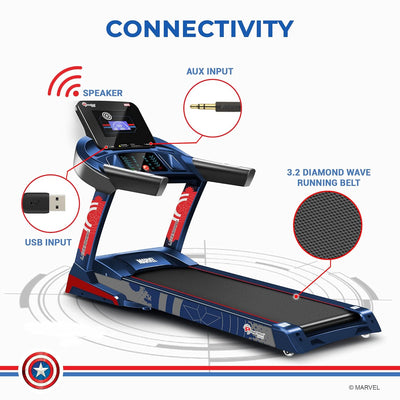 MTC-3600 Captain America Edition (6HP Peak AC Motor) Smart Folding Electric Treadmill with Auto Incline | MP3 | Speaker | Exercise Machine for Home Gym and Cardio Training | Blue