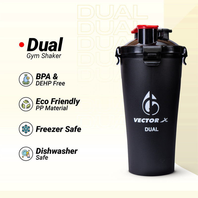 Dual Shaker Bottle Protein Shake | Gym Shaker | Sipper Bottle | Leak Proof Shaker (Black)