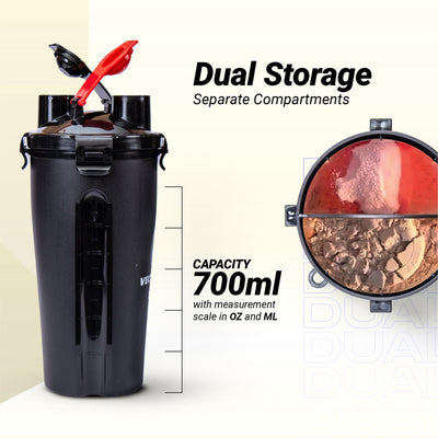 Dual Shaker Bottle Protein Shake | Gym Shaker | Sipper Bottle | Leak Proof Shaker (Black)