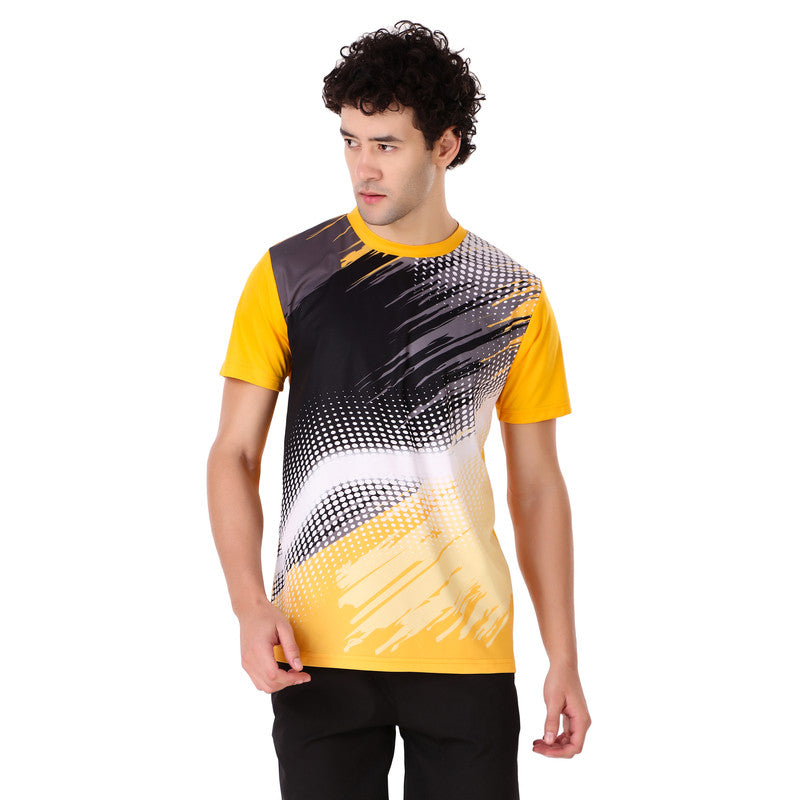 Printed Blue-Yellow-Black Self Design Men Round Neck T-Shirt 100 % Polyerster (Pack of 3)