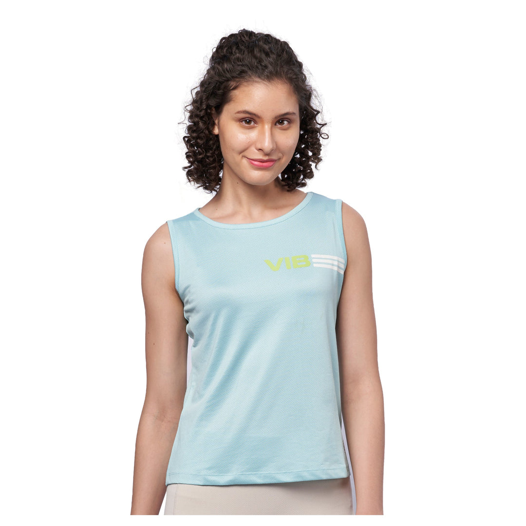 Women's Scoop Neck Tank Top with Chest Print (Pale Turquoise)