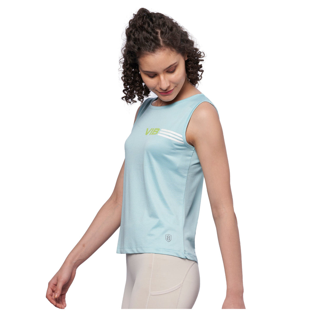 Women's Scoop Neck Tank Top with Chest Print (Pale Turquoise)