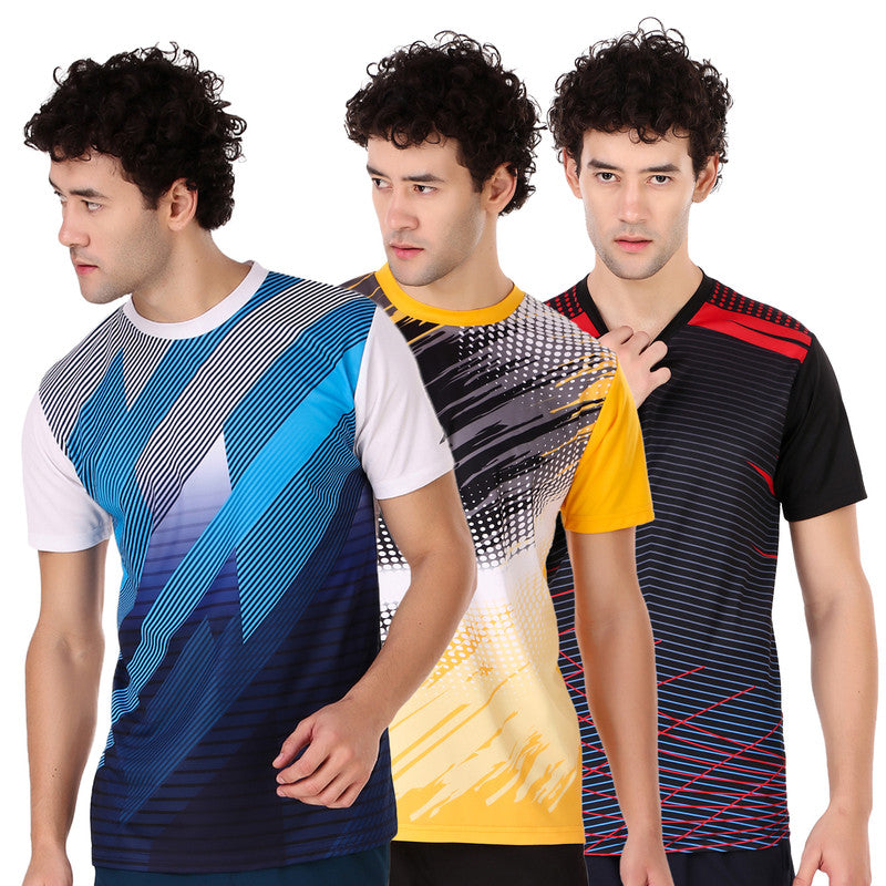Printed Blue-Yellow-Black Self Design Men Round Neck T-Shirt 100 % Polyerster (Pack of 3)