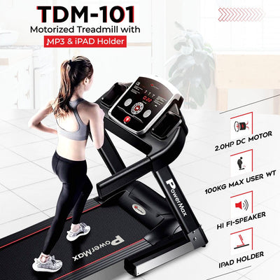 TDM-101 4HP Peak Motorized Treadmill Max User Weight:100kg Foldable With 12km/hr Speed Levels | LED Display | 12 Pre-Set Programs and Bottle & Accessories Holder (Black)