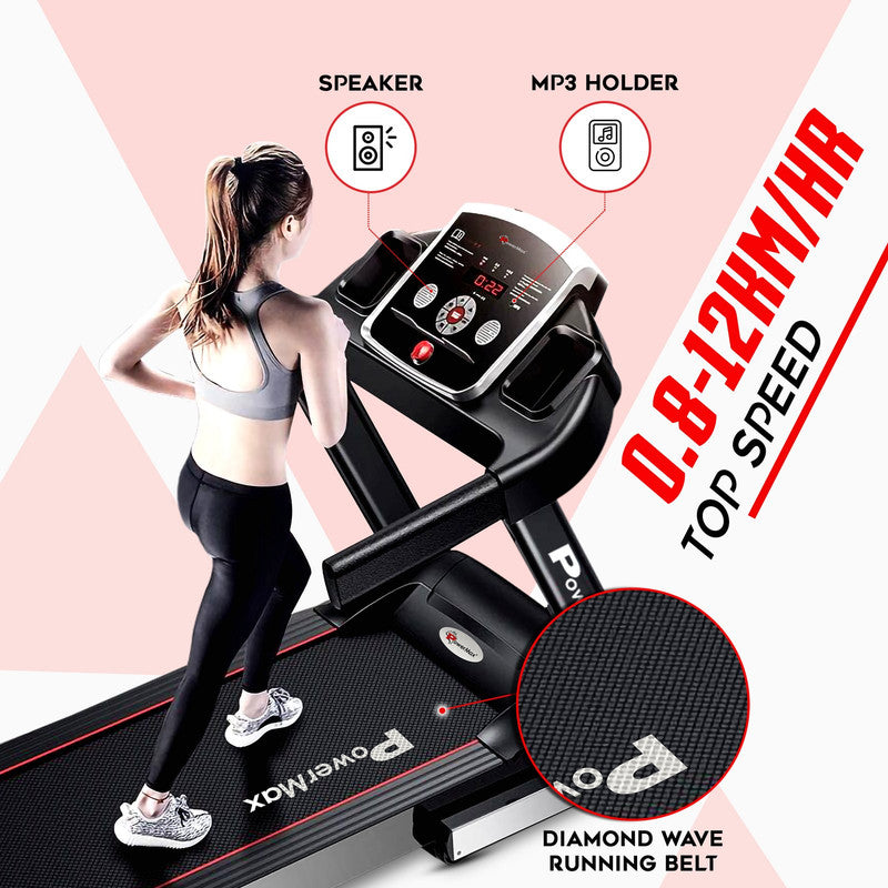 TDM-101 4HP Peak Motorized Treadmill Max User Weight:100kg Foldable With 12km/hr Speed Levels | LED Display | 12 Pre-Set Programs and Bottle & Accessories Holder (Black)