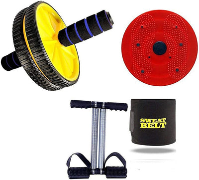 Combo Kit Full Body Exerciser Double Spring Tummy Trimmer Ab Wheel Twister Sweatbelt (Pack of 4)