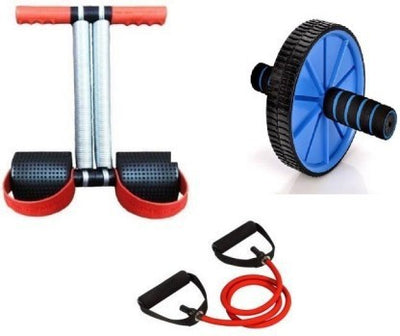Combo Kit Full Body Exerciser Double Spring Tummy Trimmer AB Wheel Single Rope Toning Tube  (Pack of 3)