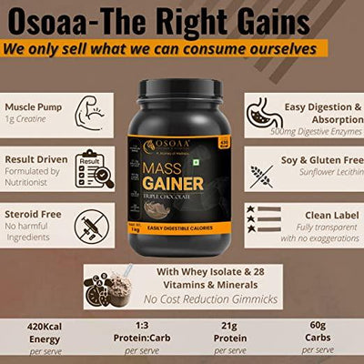 Mass Gainer Protein 1kg Chocolate, 420 Calorie, Creatine, Digestive Enzyme, Fast Muscle Weight Gain, 28 Vitamin & Mineral, 10 Serving - Kriya Fit