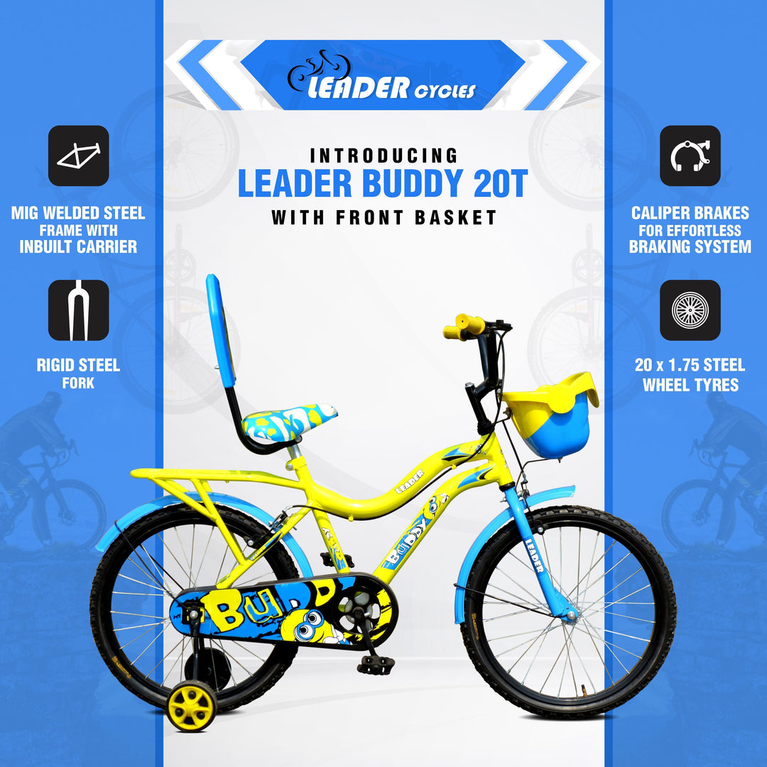 Buddy 20T Kids Cycle with Training Wheels - For Age Group 5 to 9 Years - 20 T Road Cycle Single Speed - Yellow Blue