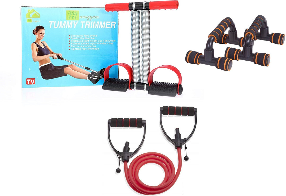 Combo Of Tummy Trimmer | Adjustable Single Toning Tube & Push-Ups Stands Bars Cushioned Foam For Fitness Chest Training Equipment