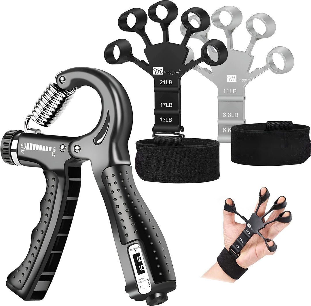Combo Pack of Counter Hand Grip Strengthener & 2pc Finger Trainer Hand Workout