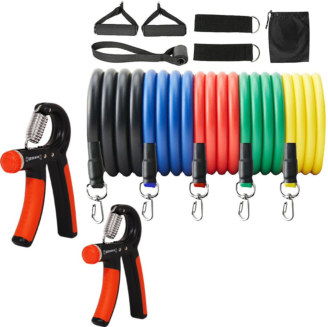Fitness Combo of 11-In-1 Resistance Bands Set with 2 Pc Hand Gripper