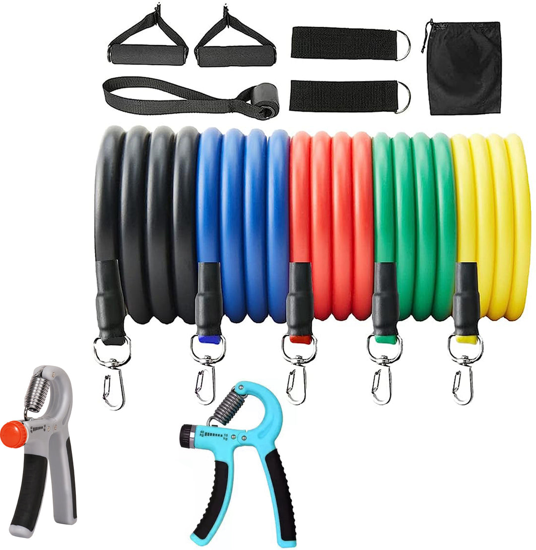 Fitness Combo of 11-In-1 Resistance Bands Set with 2Pc Adjustable Hand Gripper