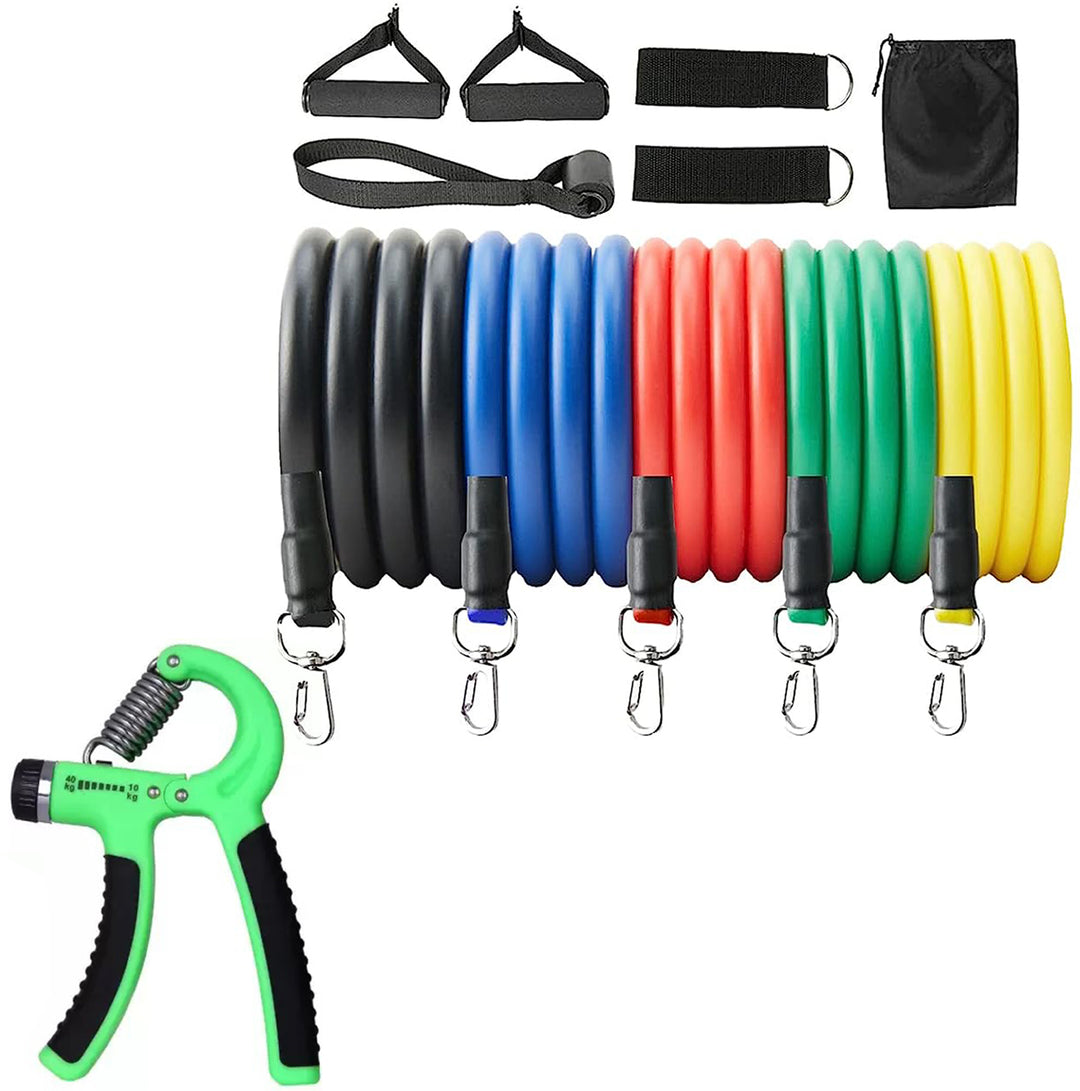 Fitness Combo of 11-In-1 Resistance Bands Set with Adjustable Hand Gripper - Green