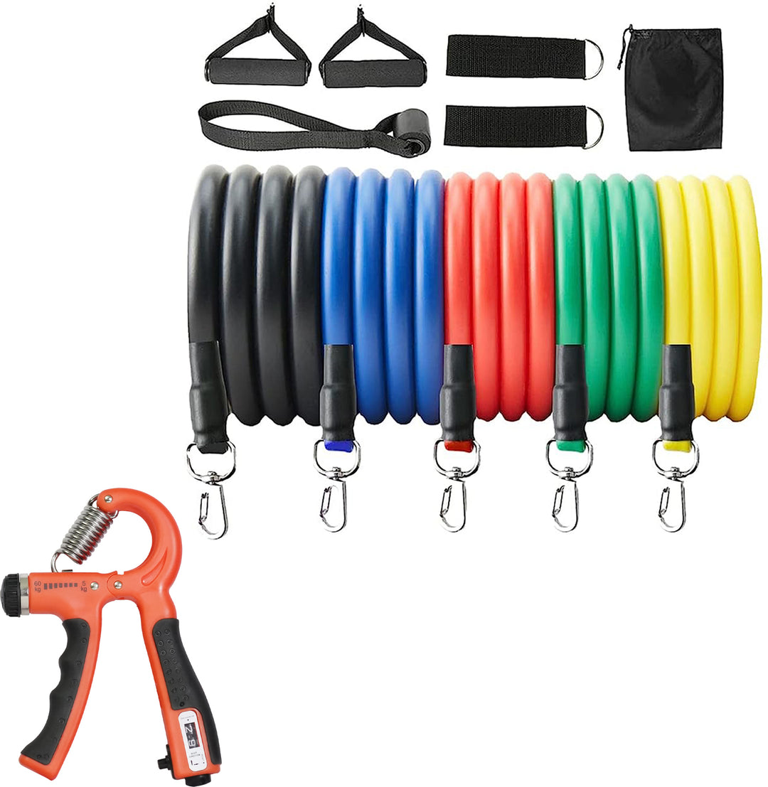 Fitness Combo of 11-In-1 Resistance Bands Set with Countable Hand Gripper