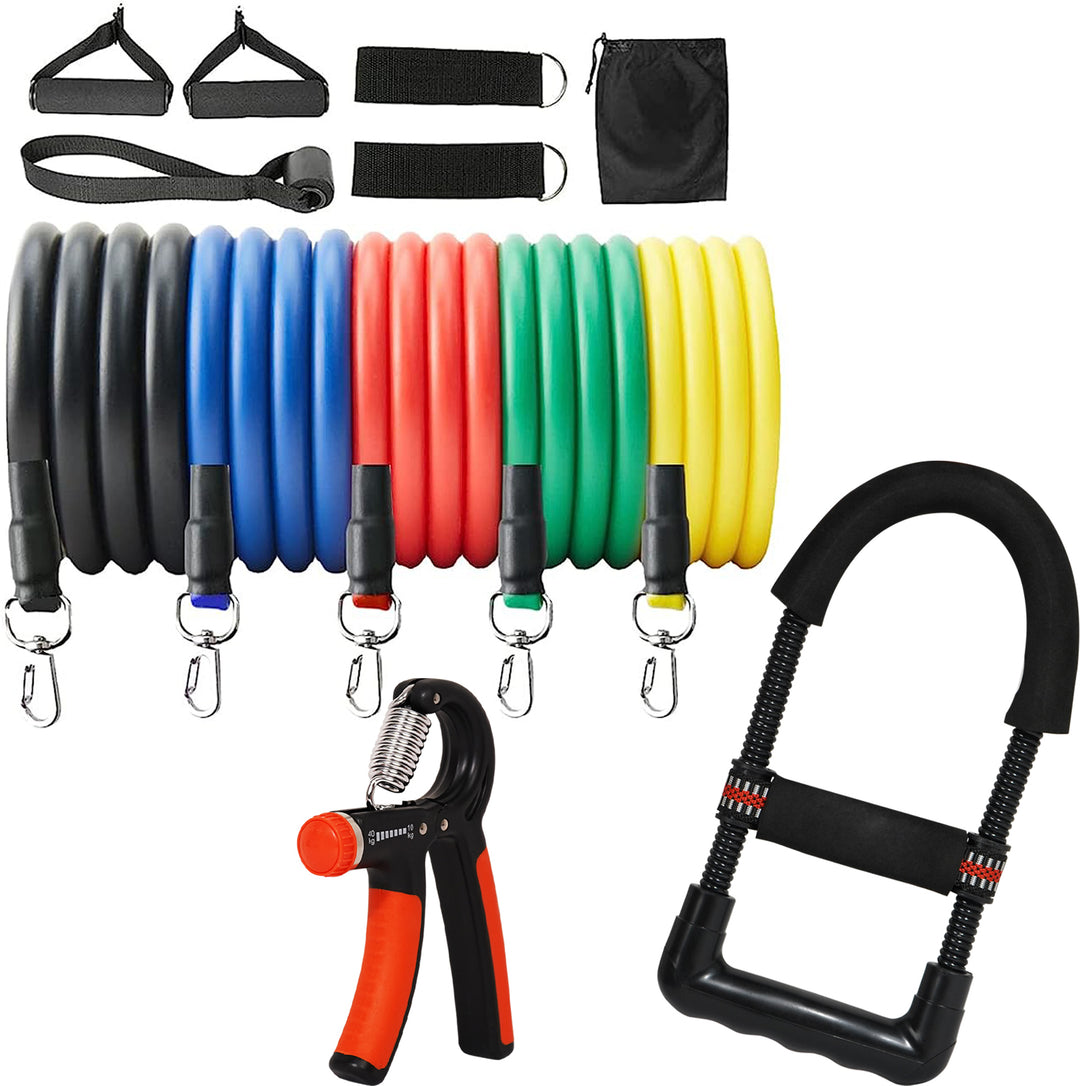 Fitness Combo of 11-In-1 Resistance Bands Set with Hand Gripper& Wrist Exerciser